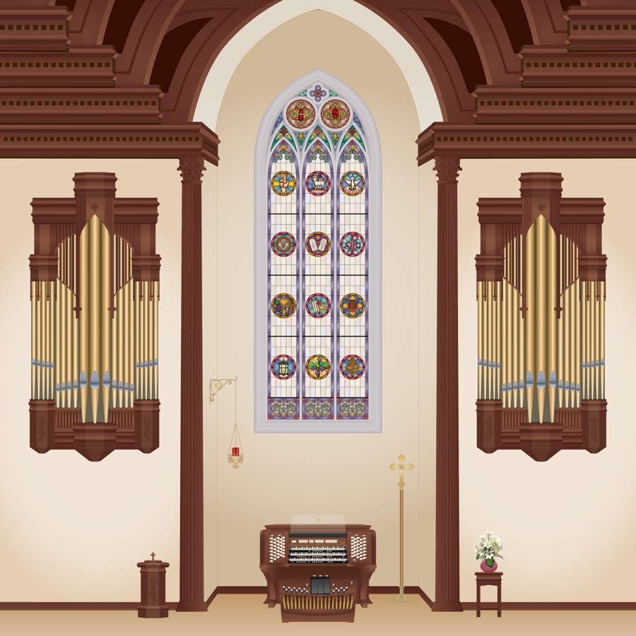 This large organ is installed in an equally large sanctuary with a tall window as the focal point in Corinth Reformed of Hickory, NC.